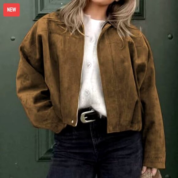 Oversized Faux Suede Bomber Jacket Lapel Streetwear Chic Casual Outerwear - Picture 2 of 7